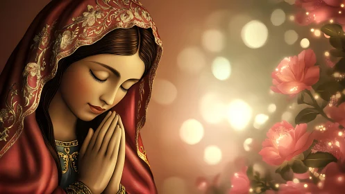 Gentle prayerful portrait glowing beside soft spring blooms.