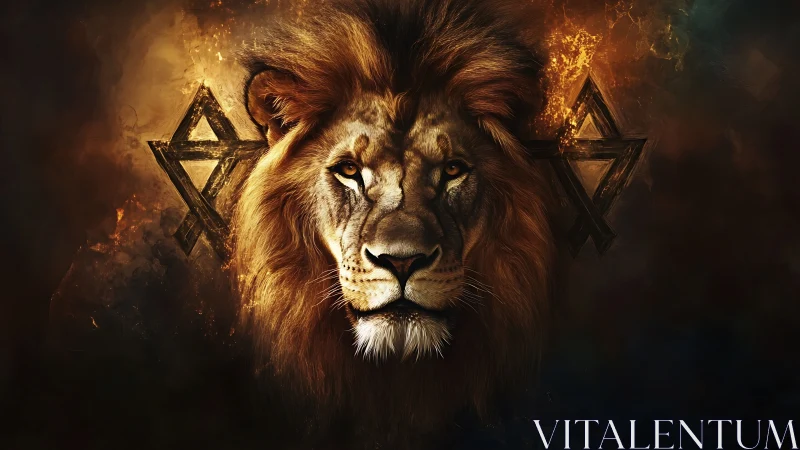 Digital painting of leonine portrait with geometric sigils.