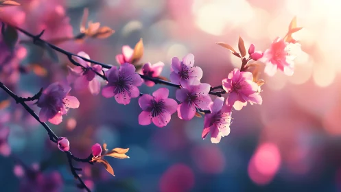 Cherry blossoms with soft-focus ambient bokeh and warm luminous backdrop