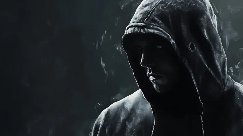 Hooded figure emerges from darkness in moody digital art