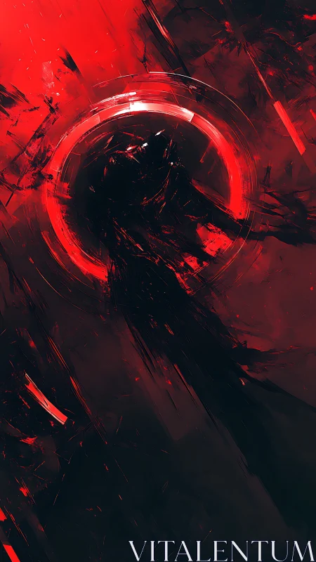 Abstract crimson vortex envelops silhouetted figure in motion