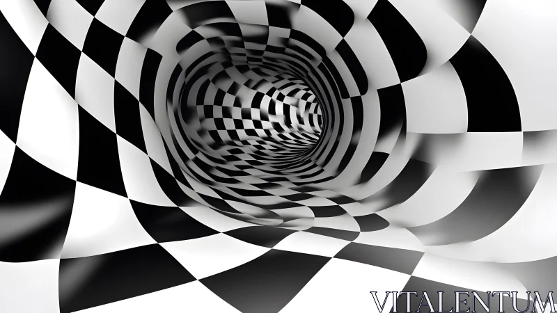 Surreal Checkerboard Tunnel in Black and White Abstract Art.