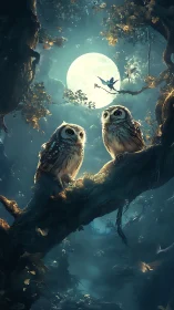 Moonlit forest owls perched on branch in misty nightscape.