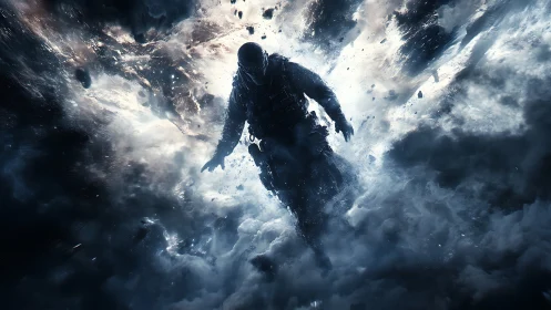 Armored soldier strides through exploding smoke storm.