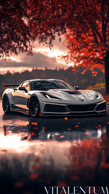 Silver sports car resting under glowing autumn trees at dusk.