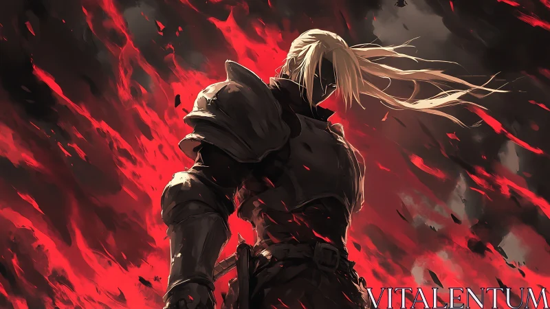 Armored warrior stands amid red flames with dynamic lighting