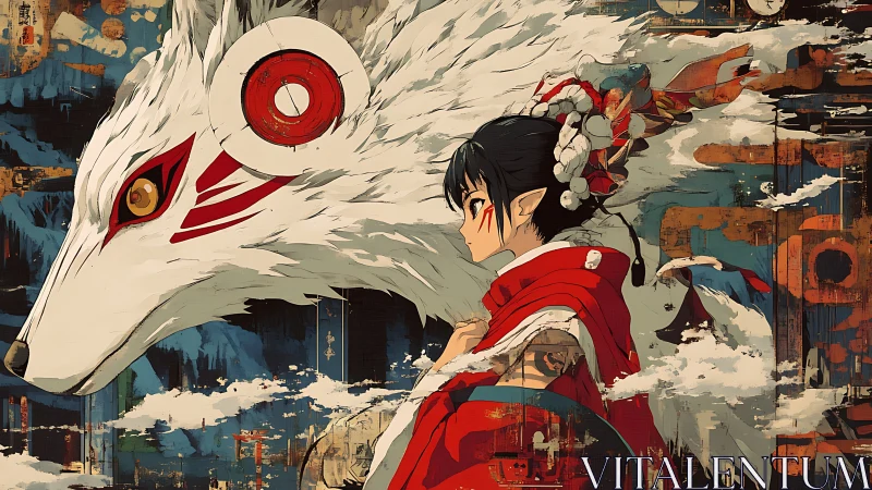 Fox spirit unfurls beside a crimson-clad guardian in flight