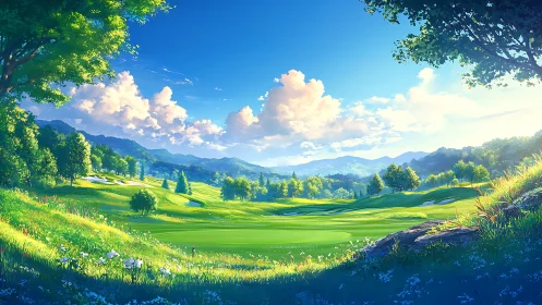 Luminous golf course valley under saturated summer sky.