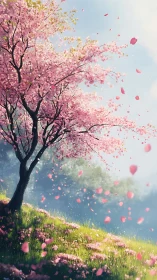 Windblown cherry blossom tree on sunlit spring hillside