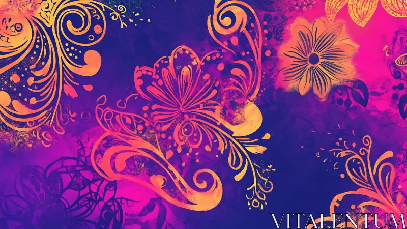 Neon floral whorls drift through electric twilight blooms.