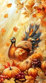 Autumnal gamebird amid pumpkins and foliage rendering.