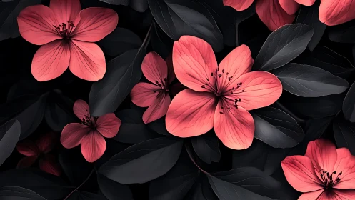 Coral Blossoms Glow Against Deep Black Foliage