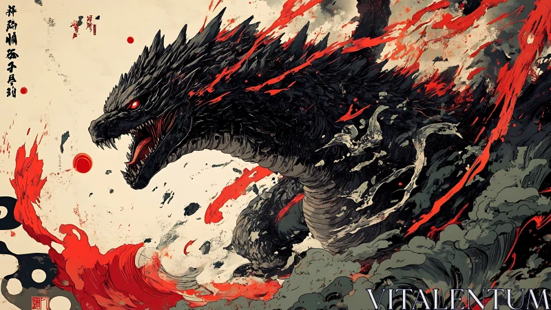 Inkstorm kaiju lunges through fire-slashed crimson skies