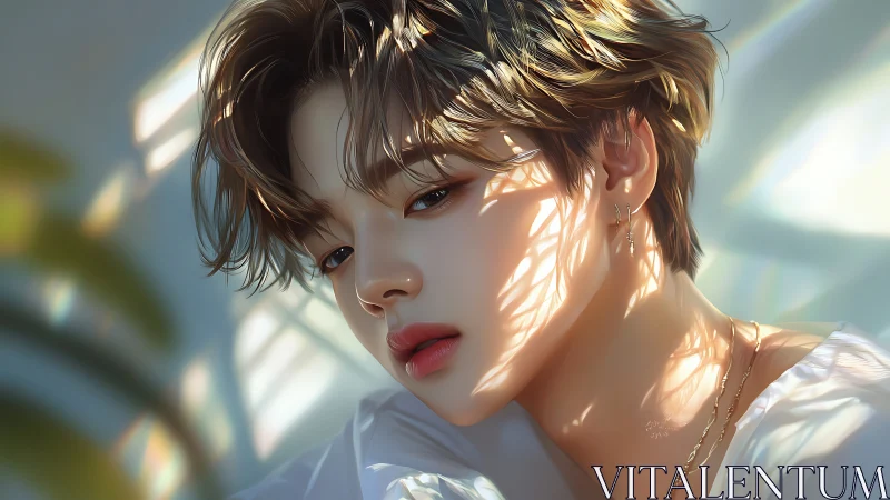 Soft portrait of youth in patterned window light.