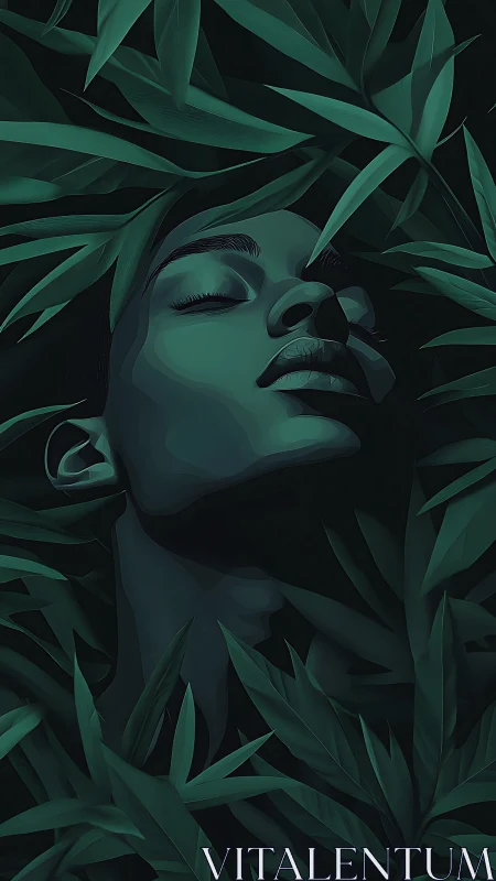 Digital painting portrait immersed in lush abstract foliage.