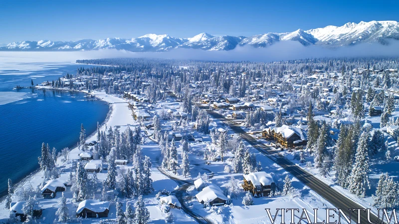 Snow-draped lakeside town glittering beneath alpine blue skies.