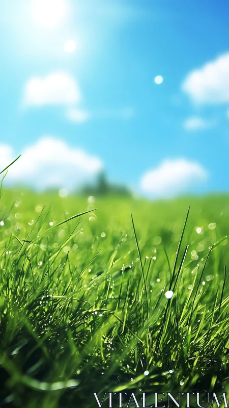 Sunlit morning grass sparkles softly under a bright blue sky