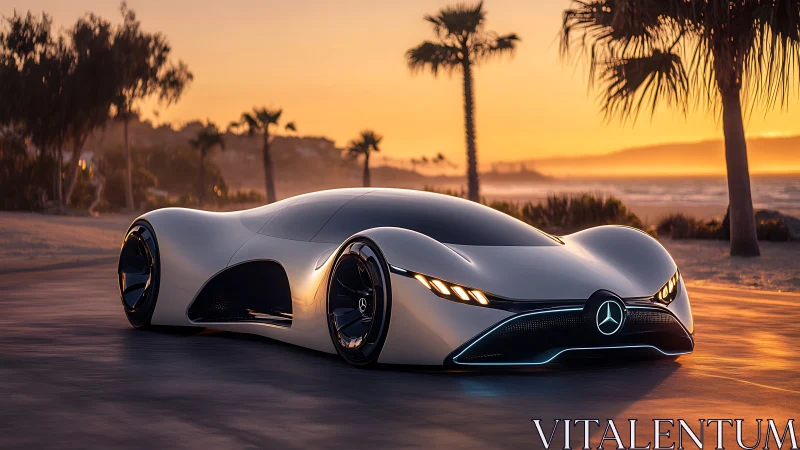 Futuristic Mercedes concept supercar at sunset coastline.
