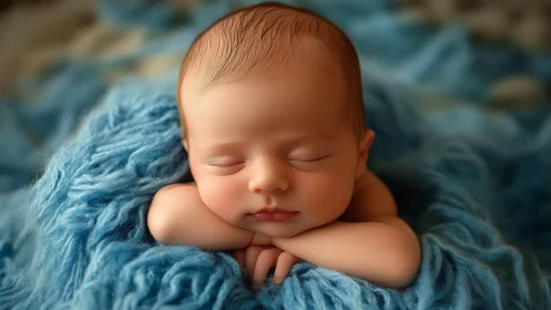 Sleeping newborn positioned on textured blue fabric surface