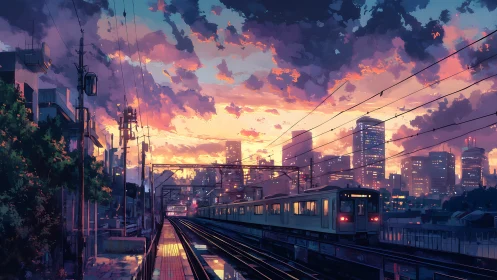 Urban train platform at dusk with illuminated city skyline.