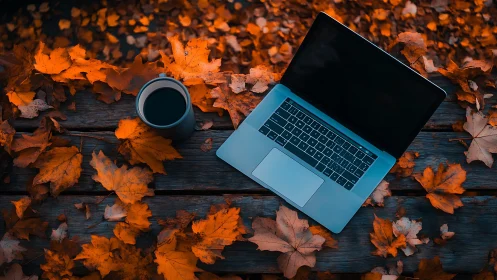 Laptop and coffee bask in ember-bright autumn leaves.