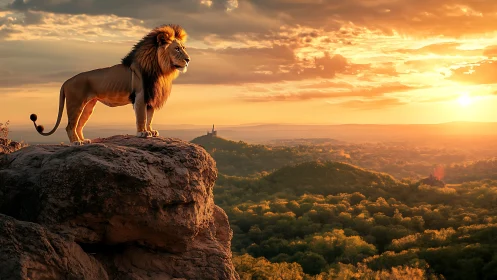 Regal lion surveying sunlit savanna from rugged cliff edge.