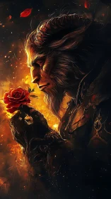 Horned beast profile studies red rose in high-contrast ember light