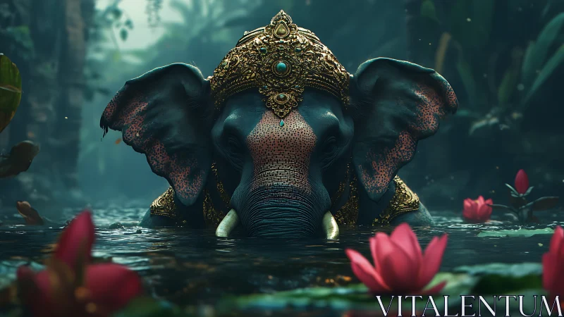 Regal blue elephant in lotus pond with ornate golden crown