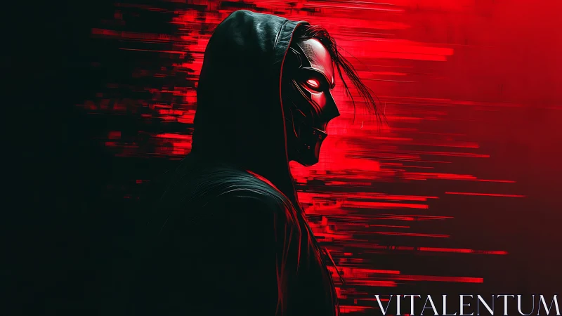 Masked cyber vigilante strides through a blazing red digital storm