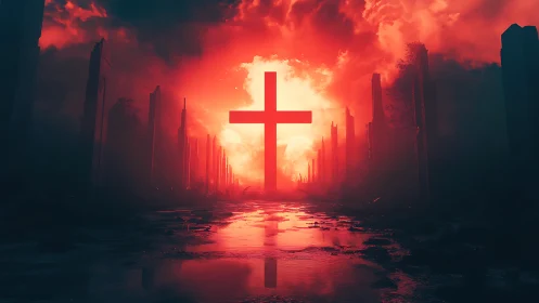 Luminous cross over flooded ruins in crimson stormlight.