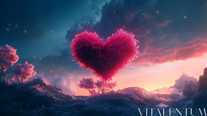 Pink Heart Cloud Defies Gravity Above Neon Mountains