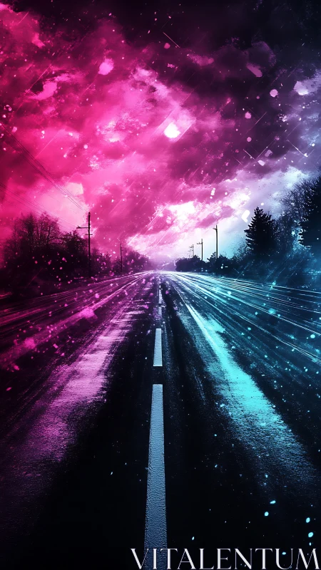 Neon drenched highway under bifurcated magenta cyan sky.