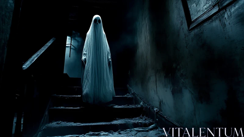 Photorealistic spectral figure on decayed staircase in low key lighting.