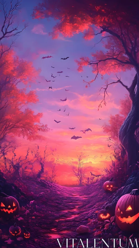 Digital twilight forest path with pumpkins and distant bats