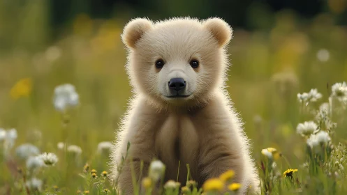 Young light-colored bear cub in meadow habitat setting.