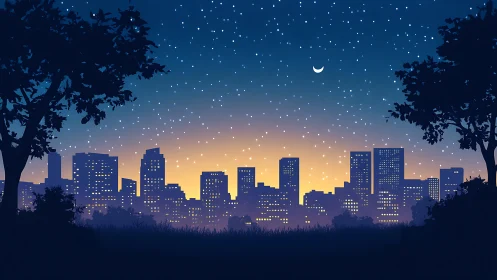 City skyline glows softly beneath a peaceful starlit sky