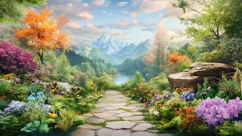 Stone path to skybright peaks through enchanted garden bloom.