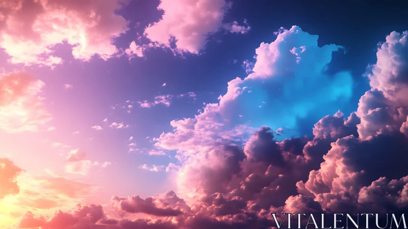 Colorful sunset sky with illuminated pink and blue clouds.