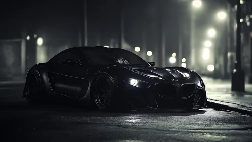 Low-slung black sports coupe on wet urban street at night.
