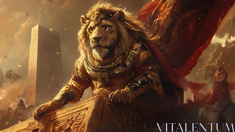 Crowned war-lion claims a burning desert empire in bronze light