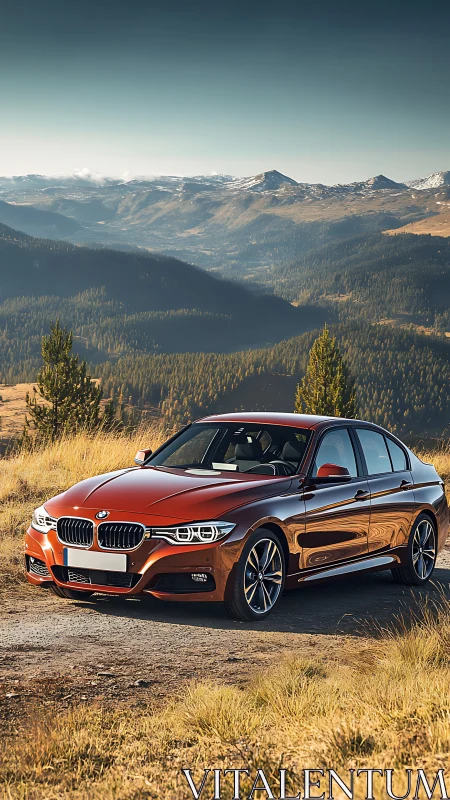 Red sport sedan stands on mountain dirt road at golden hour