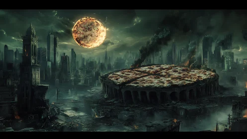 Post-apocalyptic megacity with colossal arena pizza and sun.