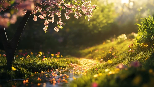 Sunlit blossom tree overlooks glowing spring stream