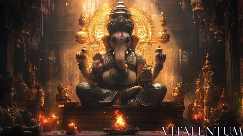 Ganesha statue sits in ornate golden temple with ritual fire