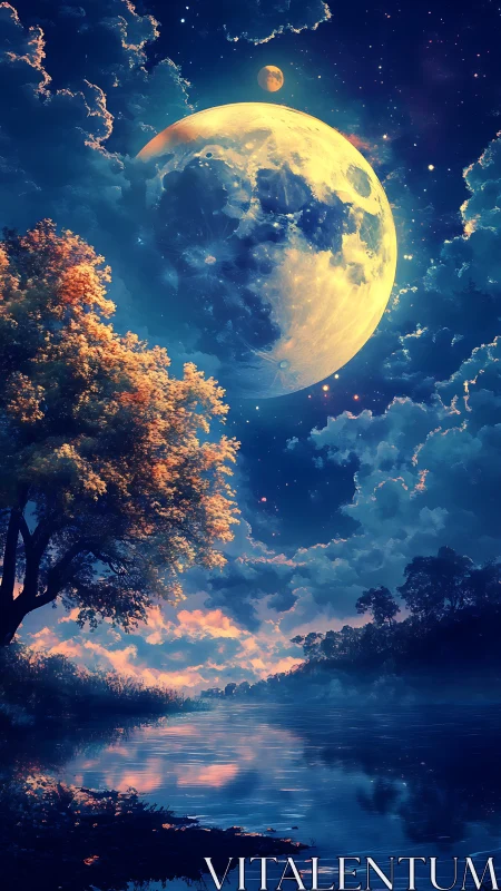 Luminescent moonrise over reflective twilight river sky.