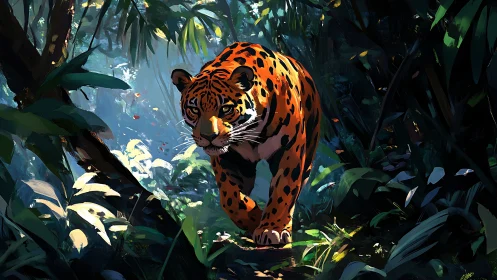 Jaguar traverses dense tropical vegetation with dappled sunlight