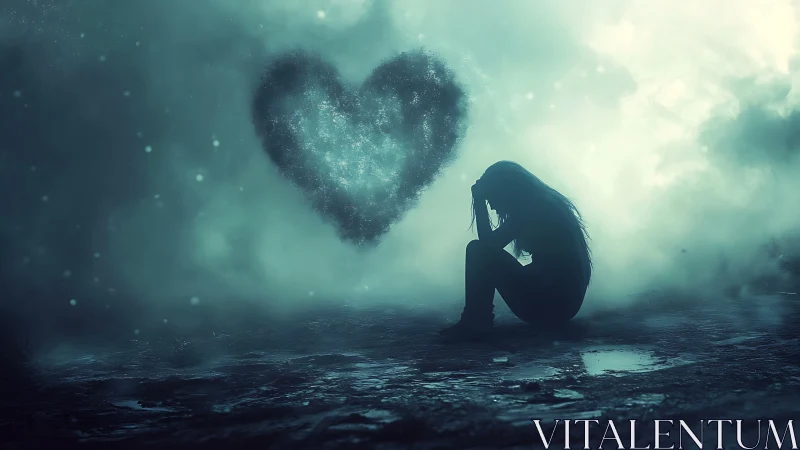 Soft mist cradles a lonely figure beneath a fading heart glow