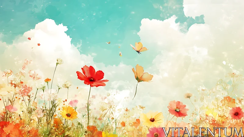 Dreamlike Flower Field: Ethereal Cosmos Garden Beneath Turquoise Sky