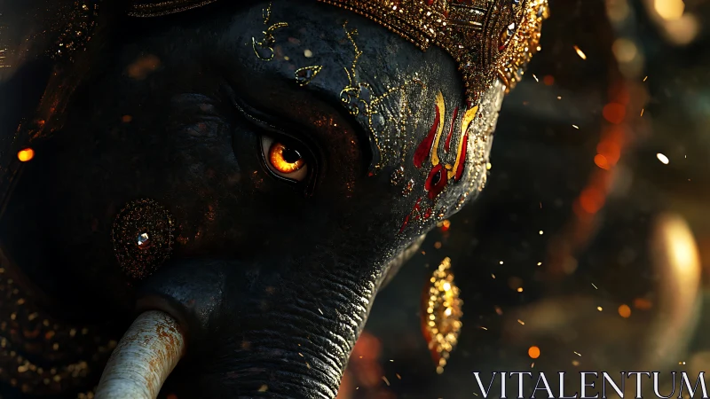 Decorated elephant head with ornate crown and glowing eye.