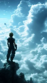 Fantasy hero silhouette above luminous atmospheric cloudscape.